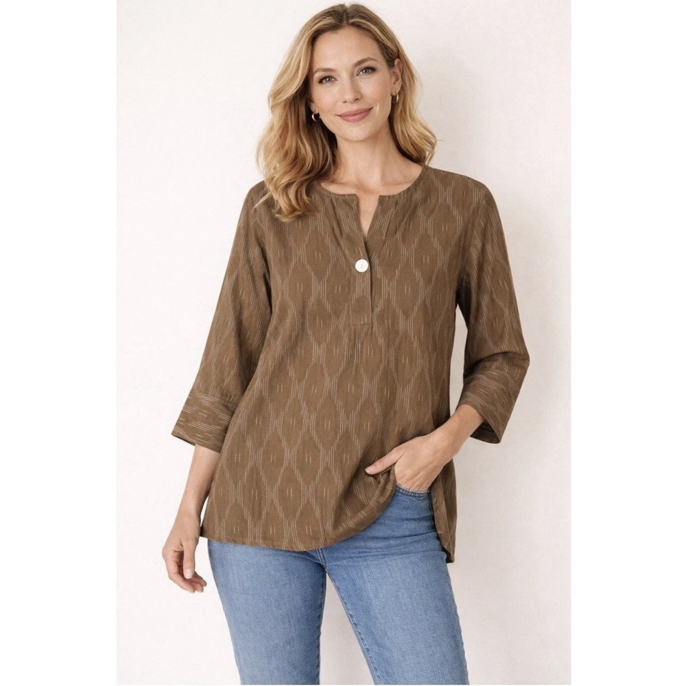 Pure Jill Size-L/P Ikat Print Tunic Top Brown Cotton Split Neck 3/4 Sleeve